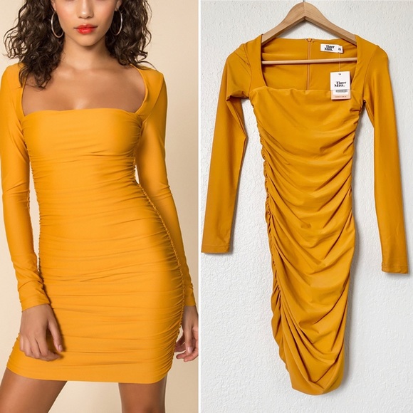 Tiger Mist Dresses & Skirts - New Tiger Mist Tully Ruched Mustard Mini Dress XS